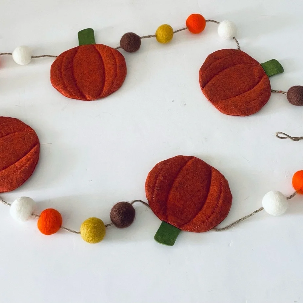 Wool Pumpkins and various color balls Garland for Fall, Thanksgiving, Halloween